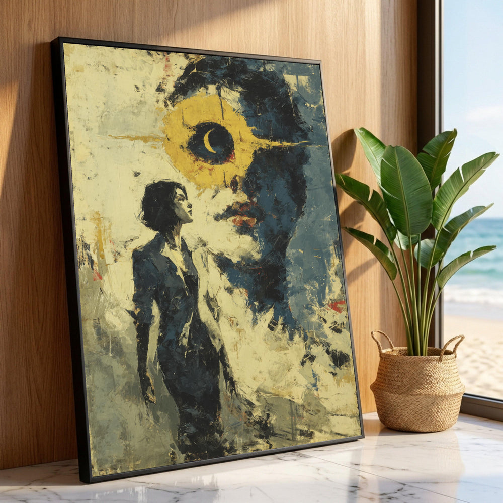 Abstract Woman Portrait with Crescent Moon Canvas, Surreal Face Art, Modern Expressionism Wall Art, Contemporary Home Luxury Home Decor