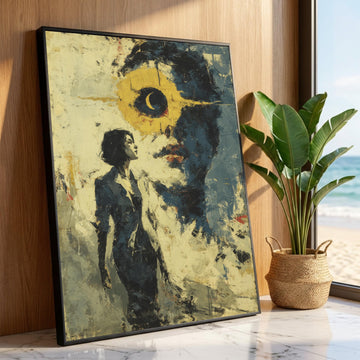 Abstract Woman Portrait with Crescent Moon Canvas, Surreal Face Art, Modern Expressionism Wall Art, Contemporary Home Luxury Home Decor