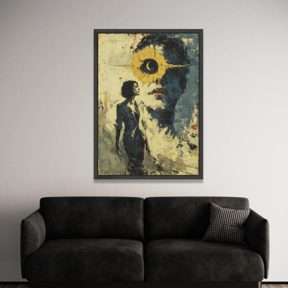 Abstract Woman Portrait with Crescent Moon Canvas, Surreal Face Art, Modern Expressionism Wall Art, Contemporary Home Luxury Home Decor