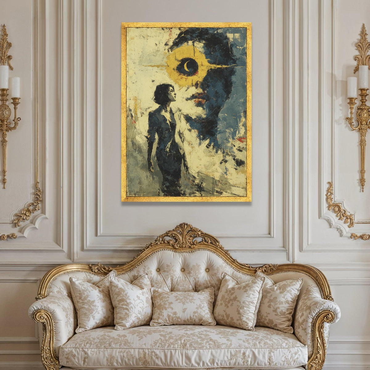 Abstract Woman Portrait with Crescent Moon Canvas, Surreal Face Art, Modern Expressionism Wall Art, Contemporary Home Luxury Home Decor