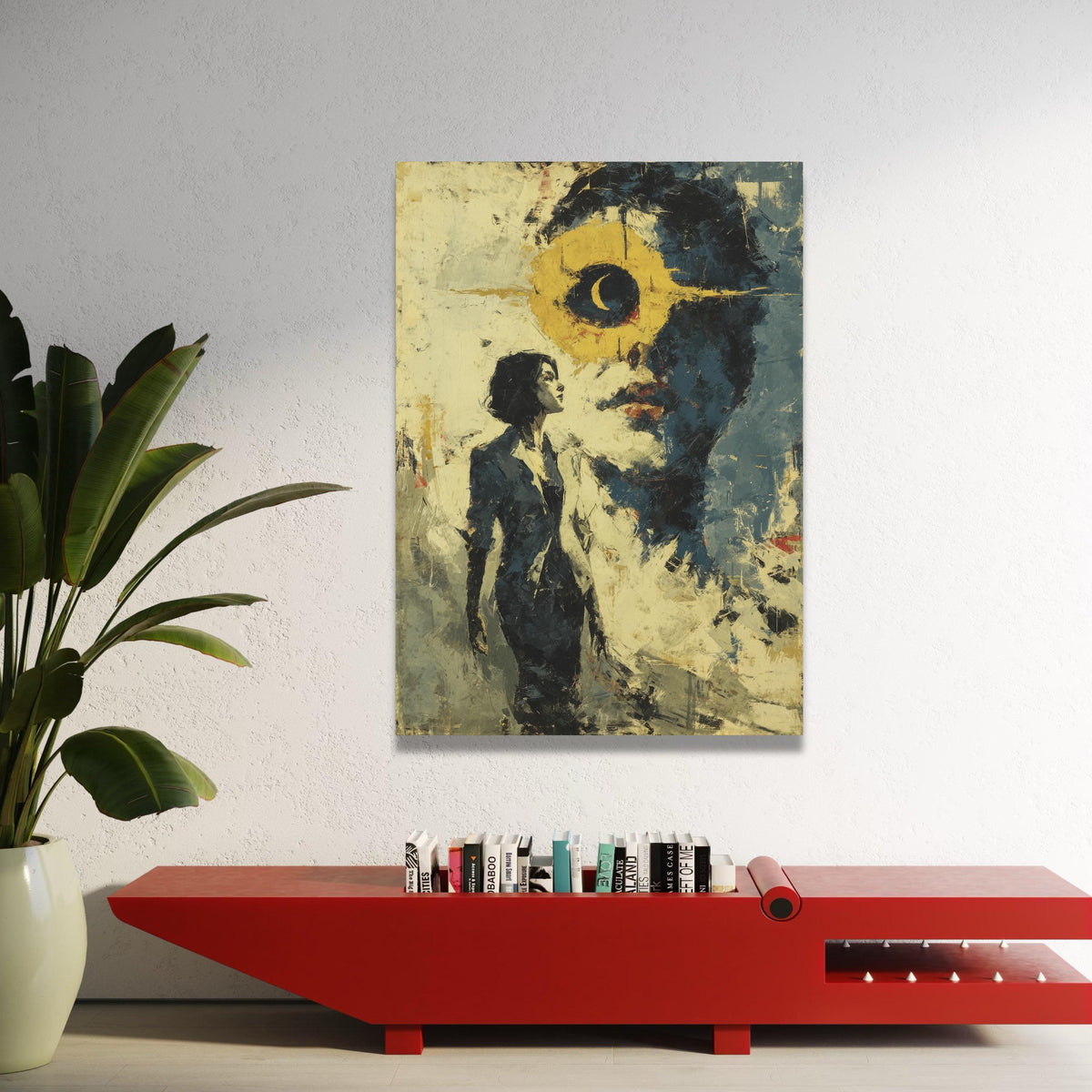 Abstract Woman Portrait with Crescent Moon Canvas, Surreal Face Art, Modern Expressionism Wall Art, Contemporary Home Luxury Home Decor