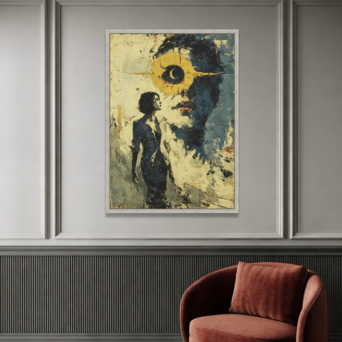 Abstract Woman Portrait with Crescent Moon Canvas, Surreal Face Art, Modern Expressionism Wall Art, Contemporary Home Luxury Home Decor