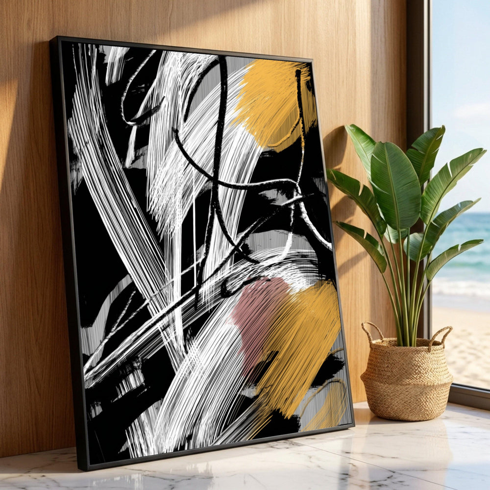 Bold Abstract Brush Strokes Canvas, Modern Black White Gold Wall Art, Contemporary Home Decor, Dynamic Canvas Painting Luxury Home Decor