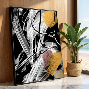 Bold Abstract Brush Strokes Canvas, Modern Black White Gold Wall Art, Contemporary Home Decor, Dynamic Canvas Painting Luxury Home Decor