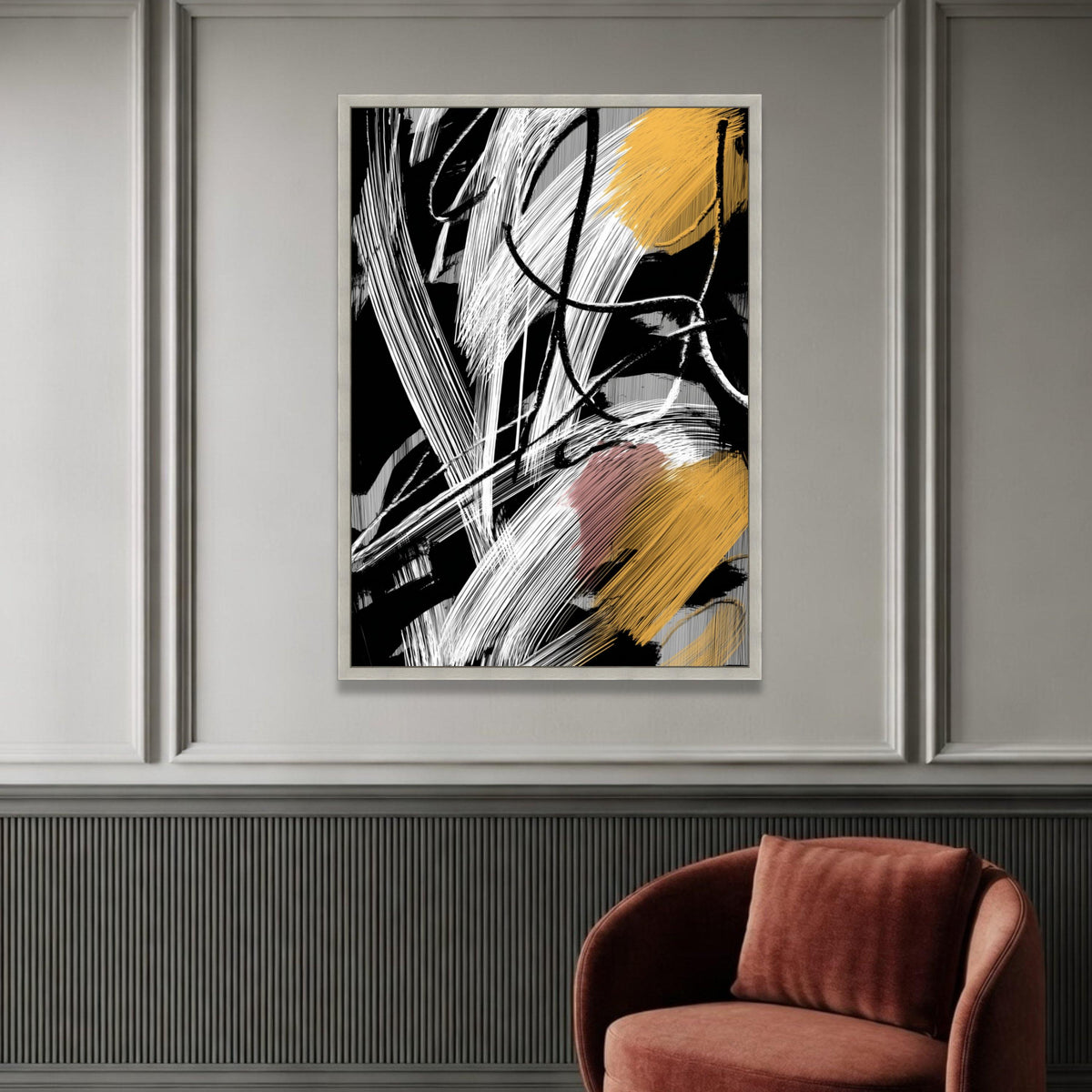Bold Abstract Brush Strokes Canvas, Modern Black White Gold Wall Art, Contemporary Home Decor, Dynamic Canvas Painting Luxury Home Decor