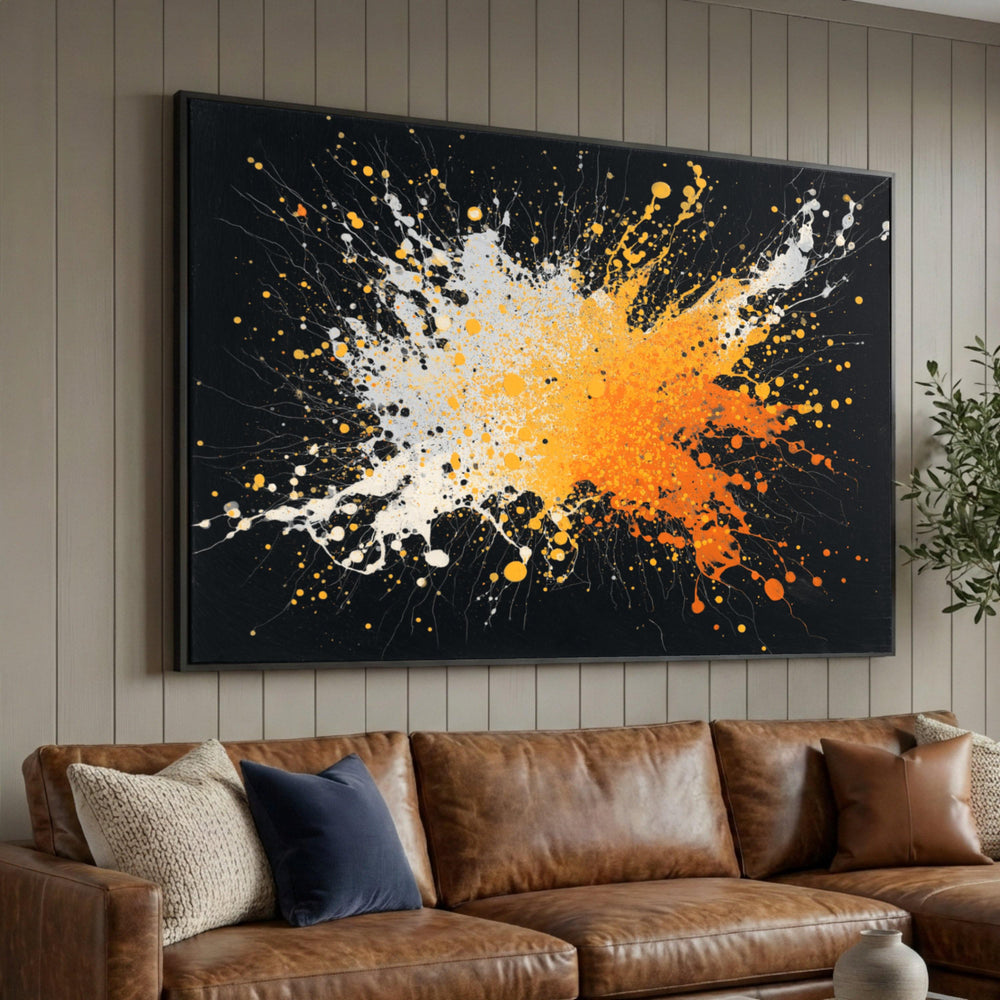 Dynamic Orange and White Splash Canvas, Modern Abstract Wall Art, Bold Color Burst Painting, Vibrant Home Decor, Ready to Luxury Home Decor