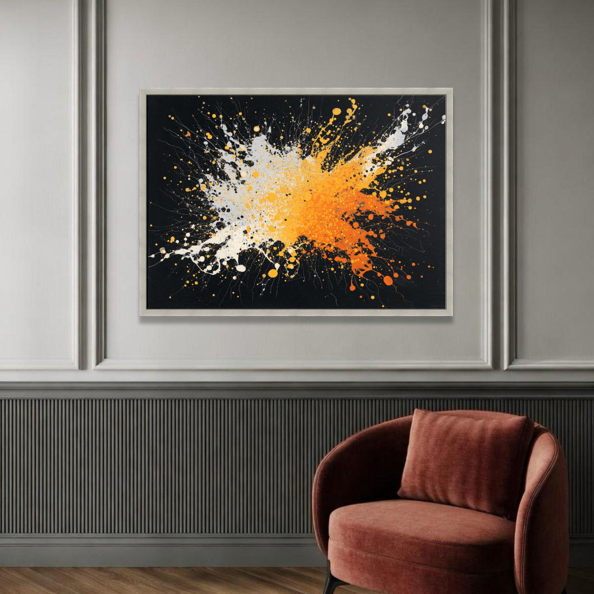 Dynamic Orange and White Splash Canvas, Modern Abstract Wall Art, Bold Color Burst Painting, Vibrant Home Decor, Ready to Luxury Home Decor
