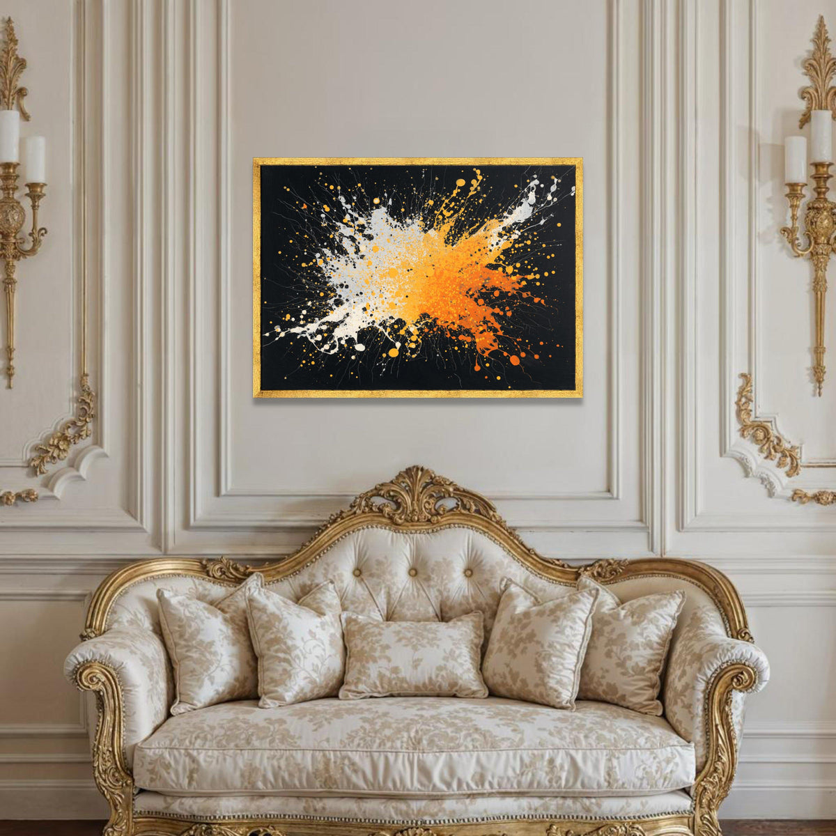 Dynamic Orange and White Splash Canvas, Modern Abstract Wall Art, Bold Color Burst Painting, Vibrant Home Decor, Ready to Luxury Home Decor