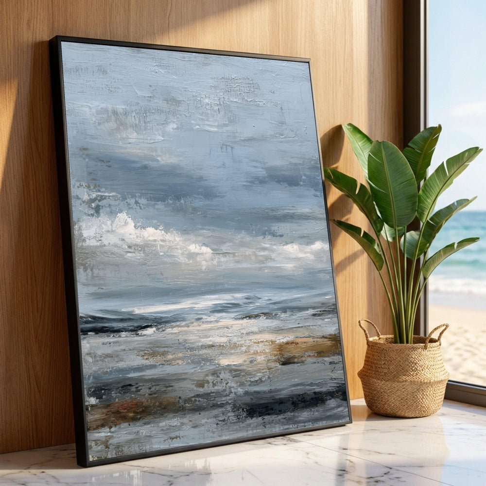 Moody Sky Coastal Landscape Canvas, Blue Grey Abstract Seascape, Contemporary Wall Art, Ocean View Painting, Home Decor Luxury Home Decor