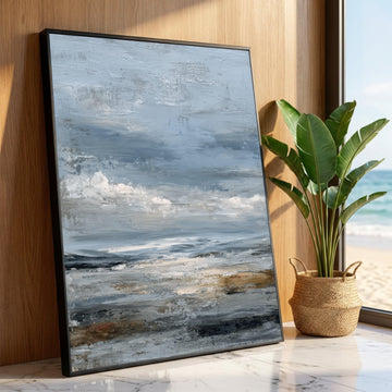 Moody Sky Coastal Landscape Canvas, Blue Grey Abstract Seascape, Contemporary Wall Art, Ocean View Painting, Home Decor Luxury Home Decor