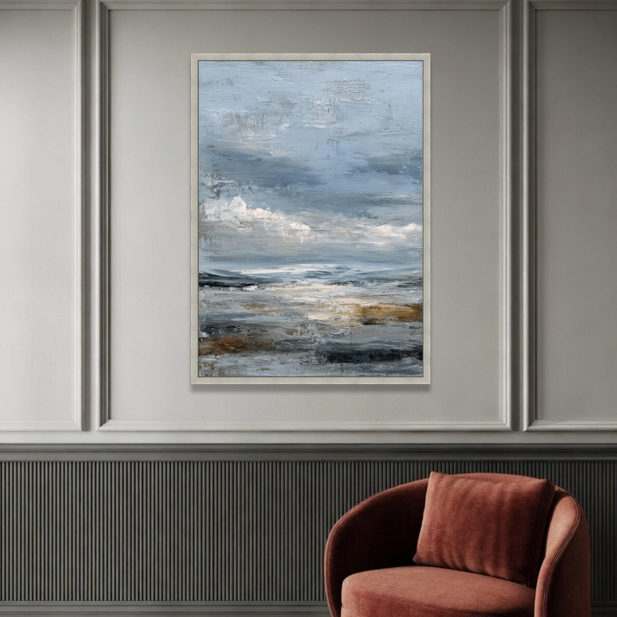 Moody Sky Coastal Landscape Canvas, Blue Grey Abstract Seascape, Contemporary Wall Art, Ocean View Painting, Home Decor Luxury Home Decor