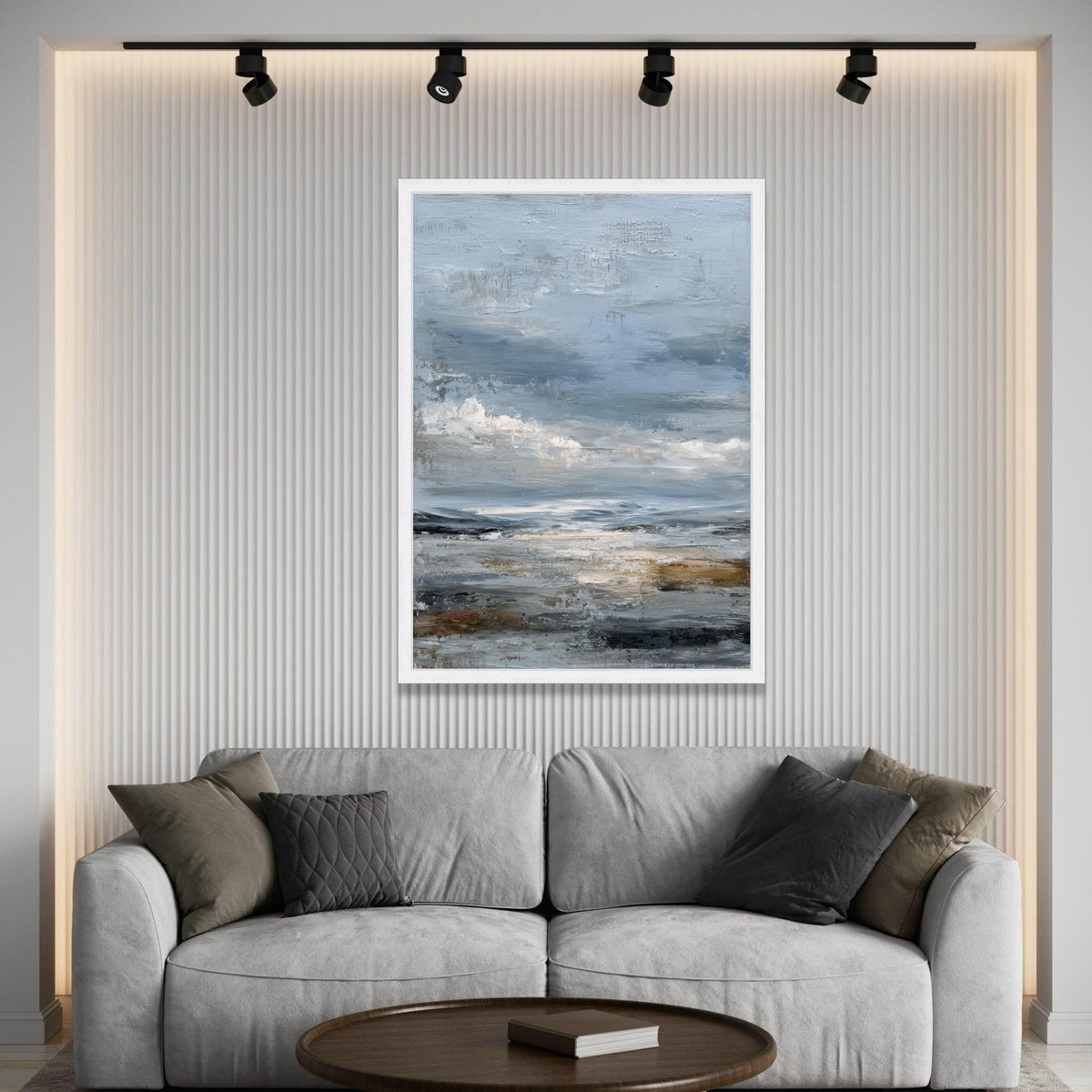 Moody Sky Coastal Landscape Canvas, Blue Grey Abstract Seascape, Contemporary Wall Art, Ocean View Painting, Home Decor Luxury Home Decor
