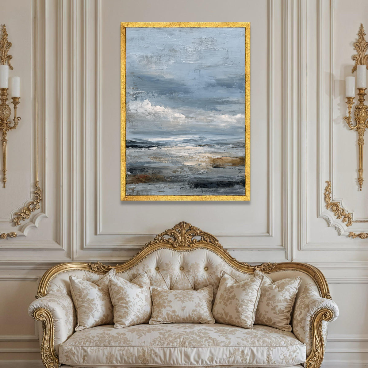 Moody Sky Coastal Landscape Canvas, Blue Grey Abstract Seascape, Contemporary Wall Art, Ocean View Painting, Home Decor Luxury Home Decor