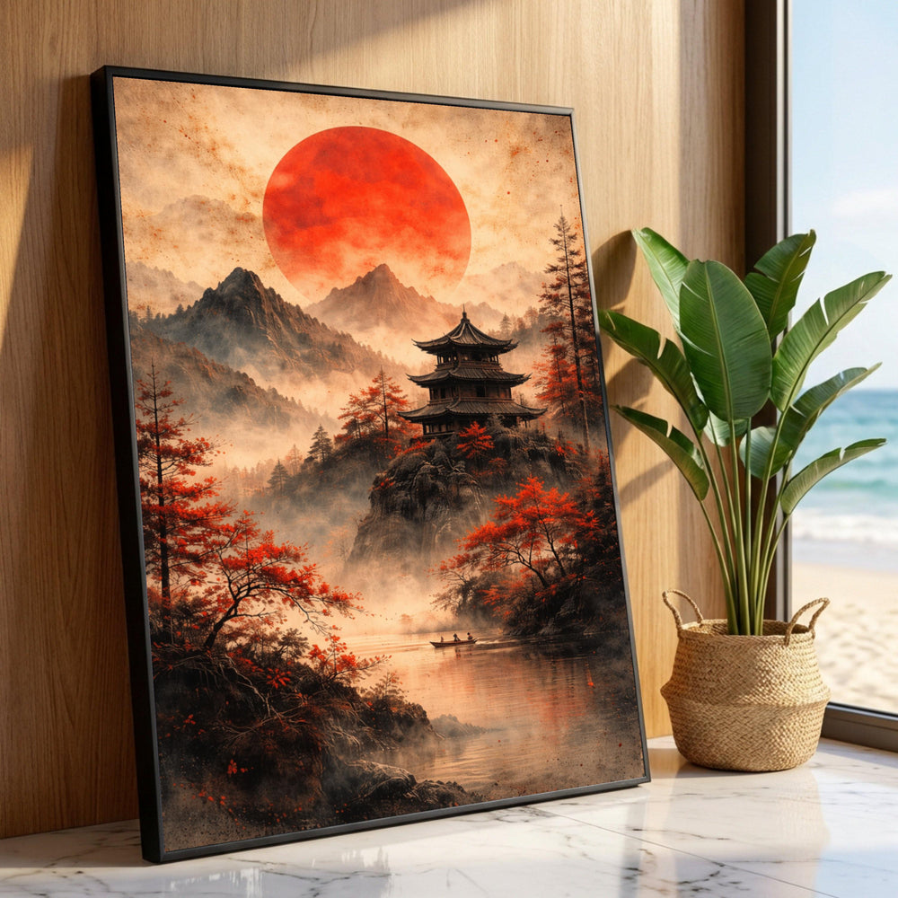 Mystical Japanese Pagoda Landscape Canvas, Red Sun Over Mountain Lake, Autumn Forest Wall Art, Asian Nature Scene Canvas, Luxury Home Decor