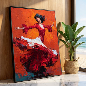 Flamenco Dancer Canvas Wall Art, Red Dress Dance Painting, Expressive Movement Canvas, Vibrant Spanish Dance Artwork, Luxury Home Decor