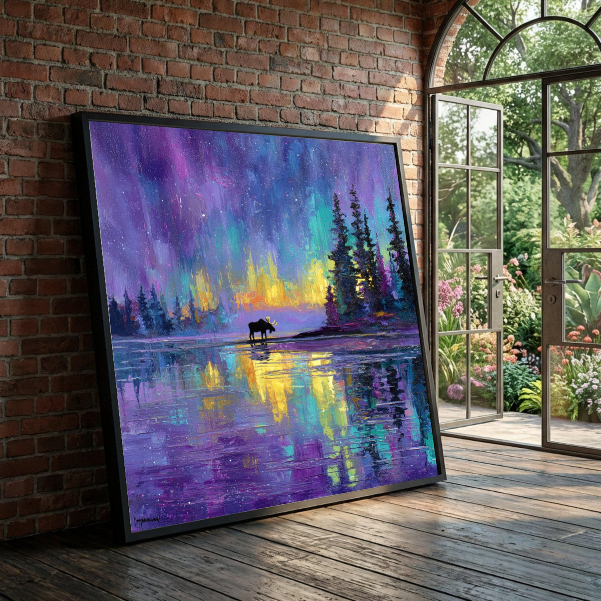 Northern Lights Landscape Canvas, Moose Silhouette Wall Art, Aurora Borealis Scenic Print, Pine Tree Lake Reflection Luxury Home Decor