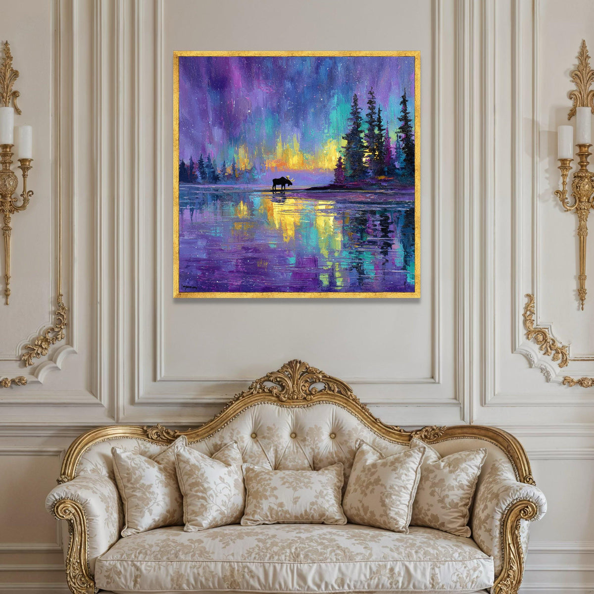 Northern Lights Landscape Canvas, Moose Silhouette Wall Art, Aurora Borealis Scenic Print, Pine Tree Lake Reflection Luxury Home Decor