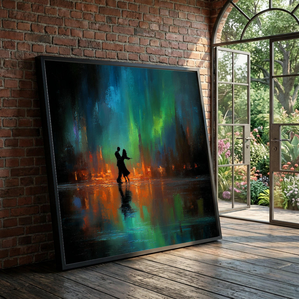 Romantic Evening Dance Silhouette Canvas, Colorful Reflection Wall Art, Abstract Cityscape Canvas, Couple Dancing Luxury Home Decor