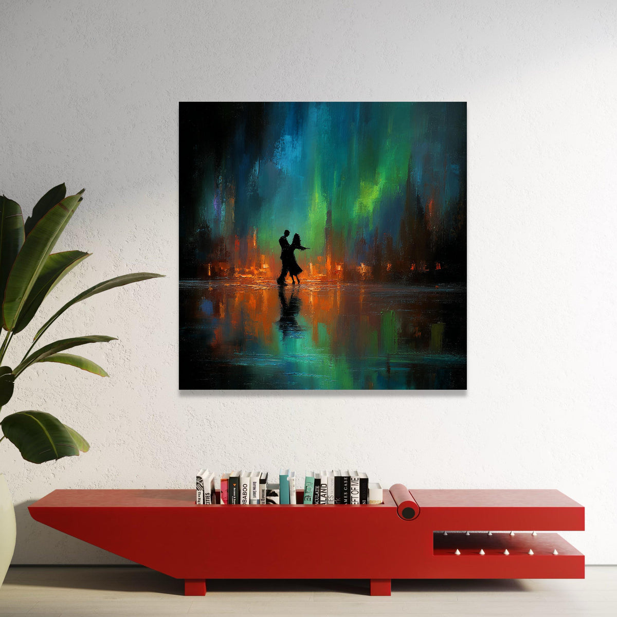 Romantic Evening Dance Silhouette Canvas, Colorful Reflection Wall Art, Abstract Cityscape Canvas, Couple Dancing Luxury Home Decor