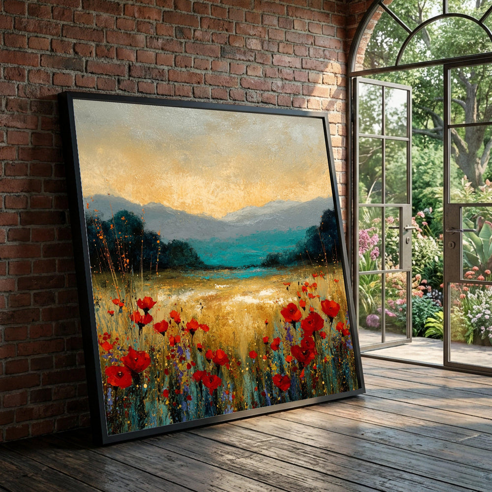 Vibrant Red Poppy Field Canvas, Mountain Landscape Wall Art, Floral Meadow Canvas, Nature Scenery Decoration, Colorful Luxury Home Decor