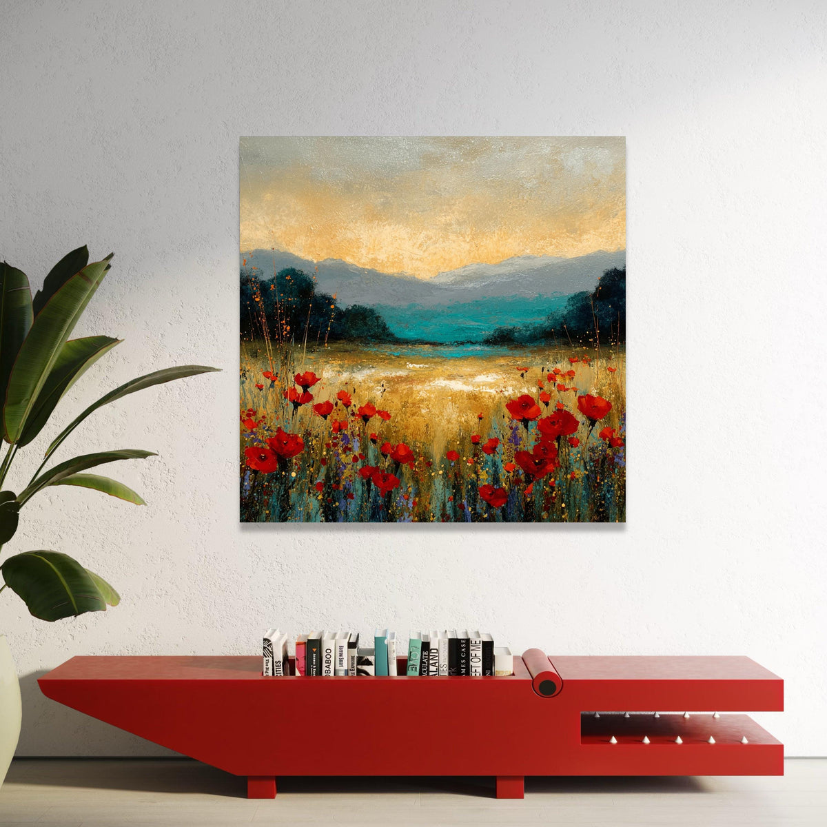 Vibrant Red Poppy Field Canvas, Mountain Landscape Wall Art, Floral Meadow Canvas, Nature Scenery Decoration, Colorful Luxury Home Decor