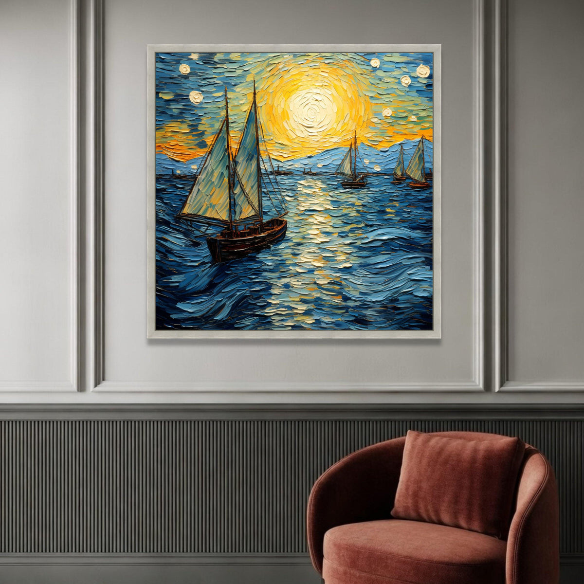 Sunset Sailing Canvas, Ocean Boat Wall Art, Nautical Seascape Canvas, Coastal Home Decor, Sea Landscape Painting, Ready to Luxury Home Decor