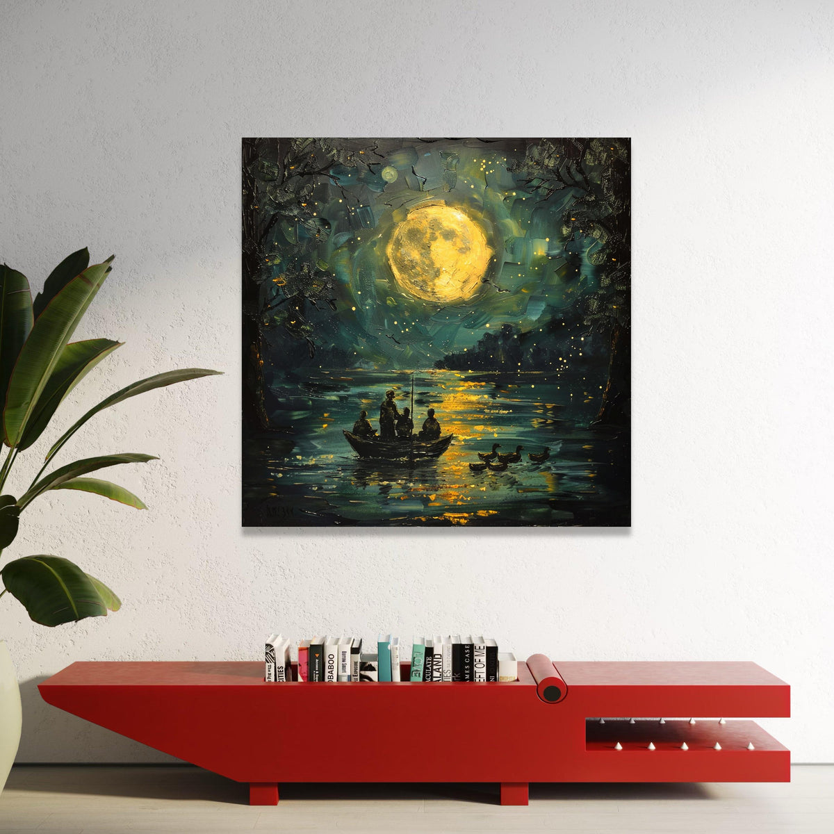 Moonlit Lake Scene Canvas, Nighttime Fishing Boat Art, Full Moon Reflection Wall Decor, Serene Water Landscape Canvas, Luxury Home Decor