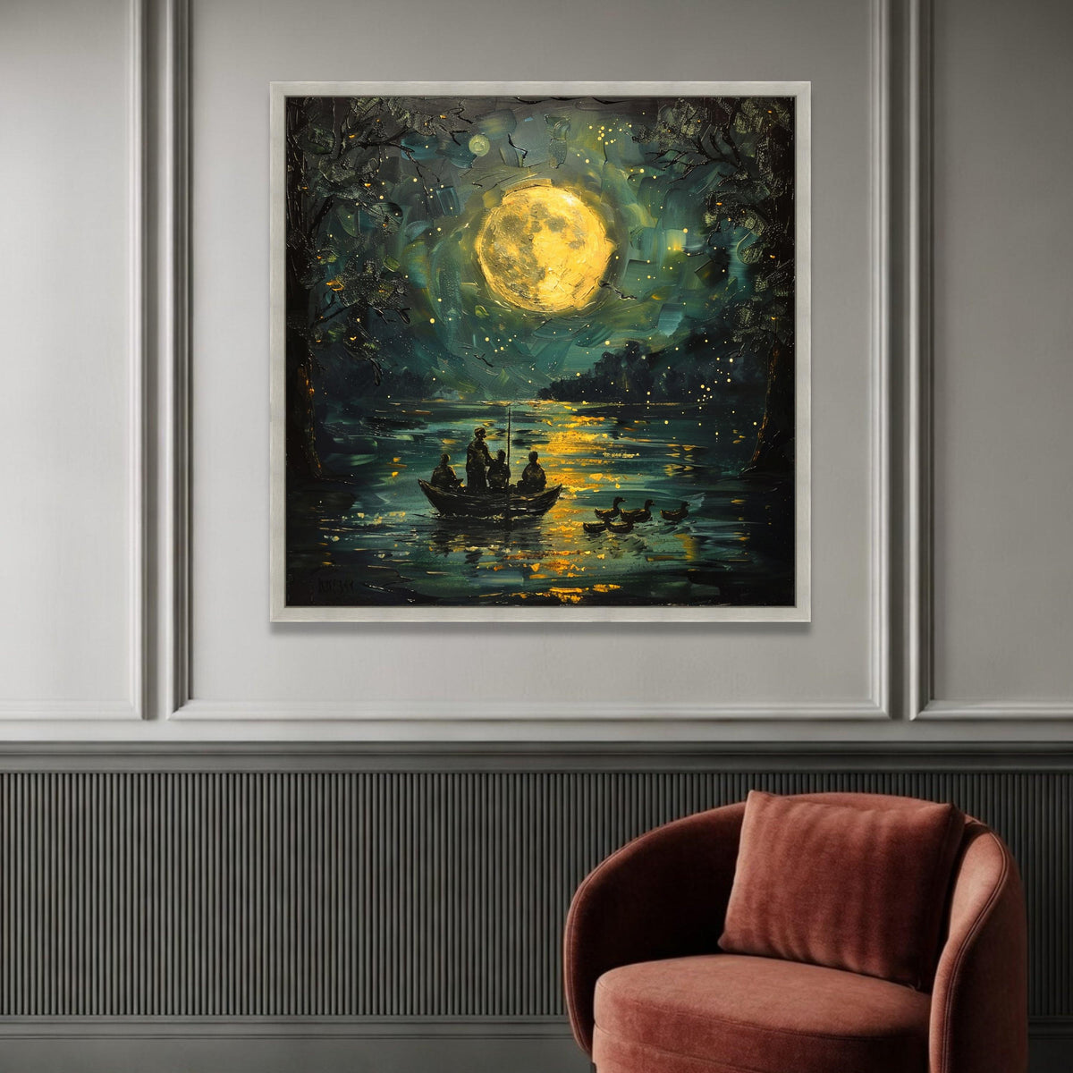 Moonlit Lake Scene Canvas, Nighttime Fishing Boat Art, Full Moon Reflection Wall Decor, Serene Water Landscape Canvas, Luxury Home Decor