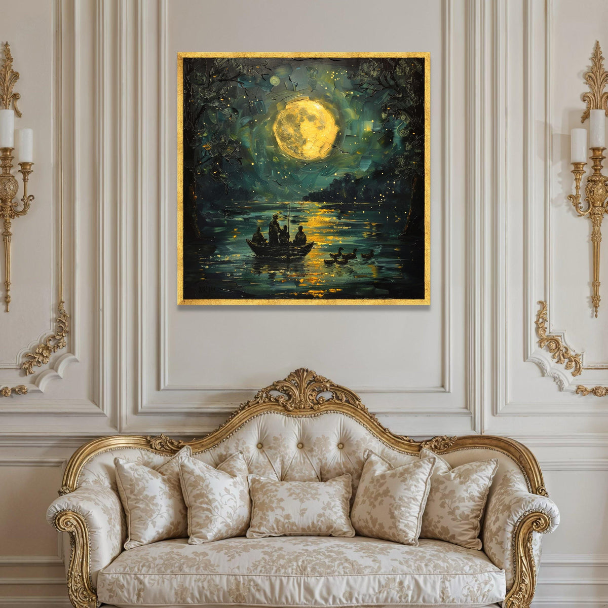 Moonlit Lake Scene Canvas, Nighttime Fishing Boat Art, Full Moon Reflection Wall Decor, Serene Water Landscape Canvas, Luxury Home Decor