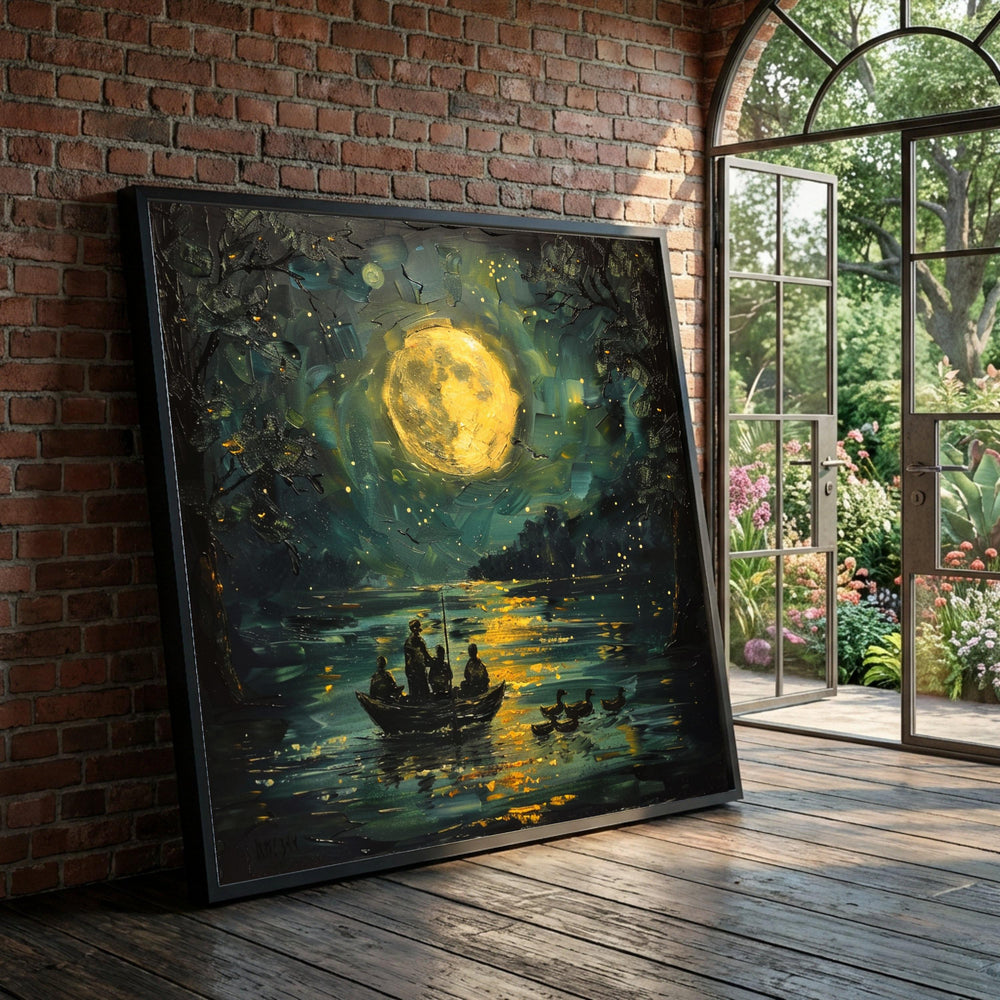 Moonlit Lake Scene Canvas, Nighttime Fishing Boat Art, Full Moon Reflection Wall Decor, Serene Water Landscape Canvas, Luxury Home Decor