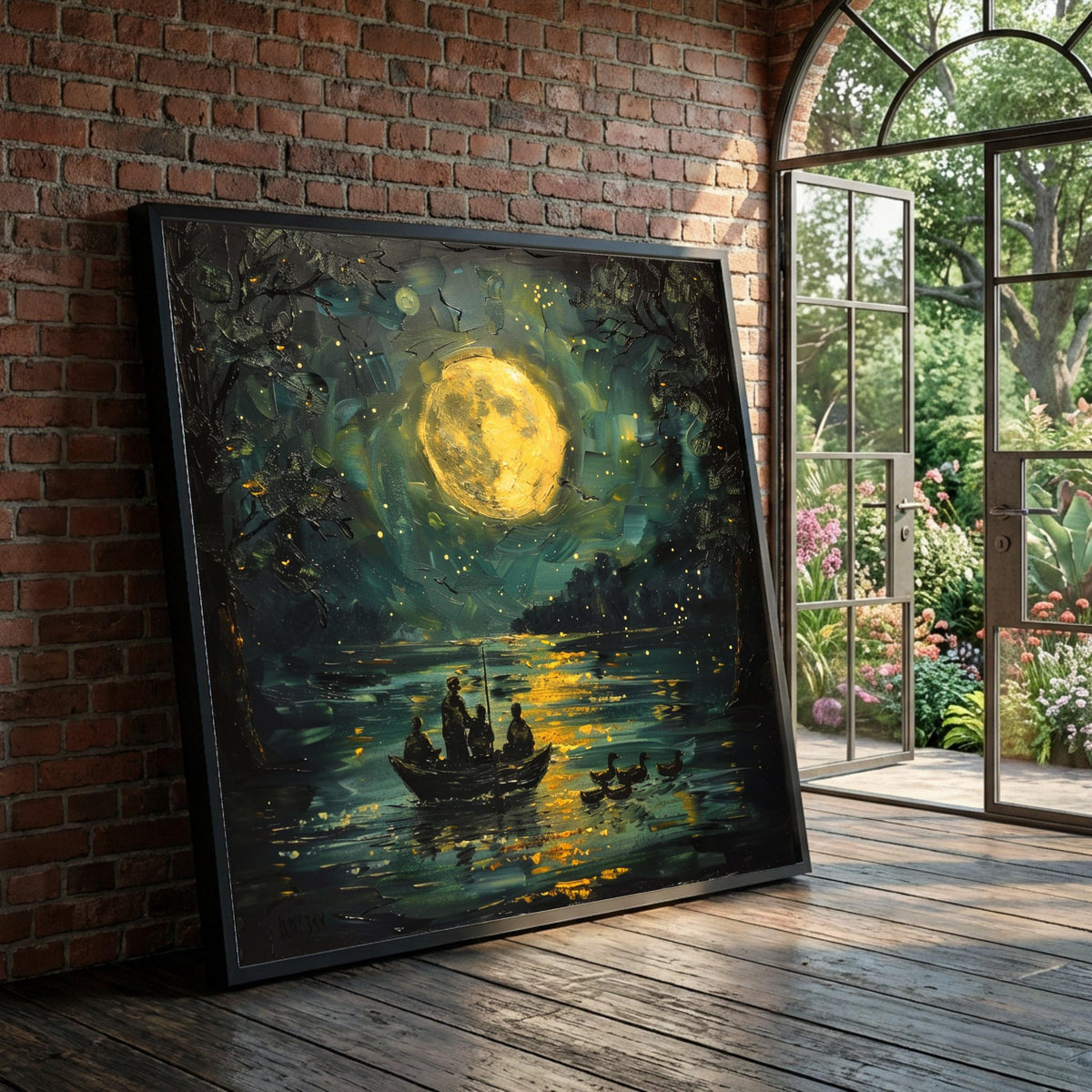 Moonlit Lake Scene Canvas, Nighttime Fishing Boat Art, Full Moon Reflection Wall Decor, Serene Water Landscape Canvas, Luxury Home Decor