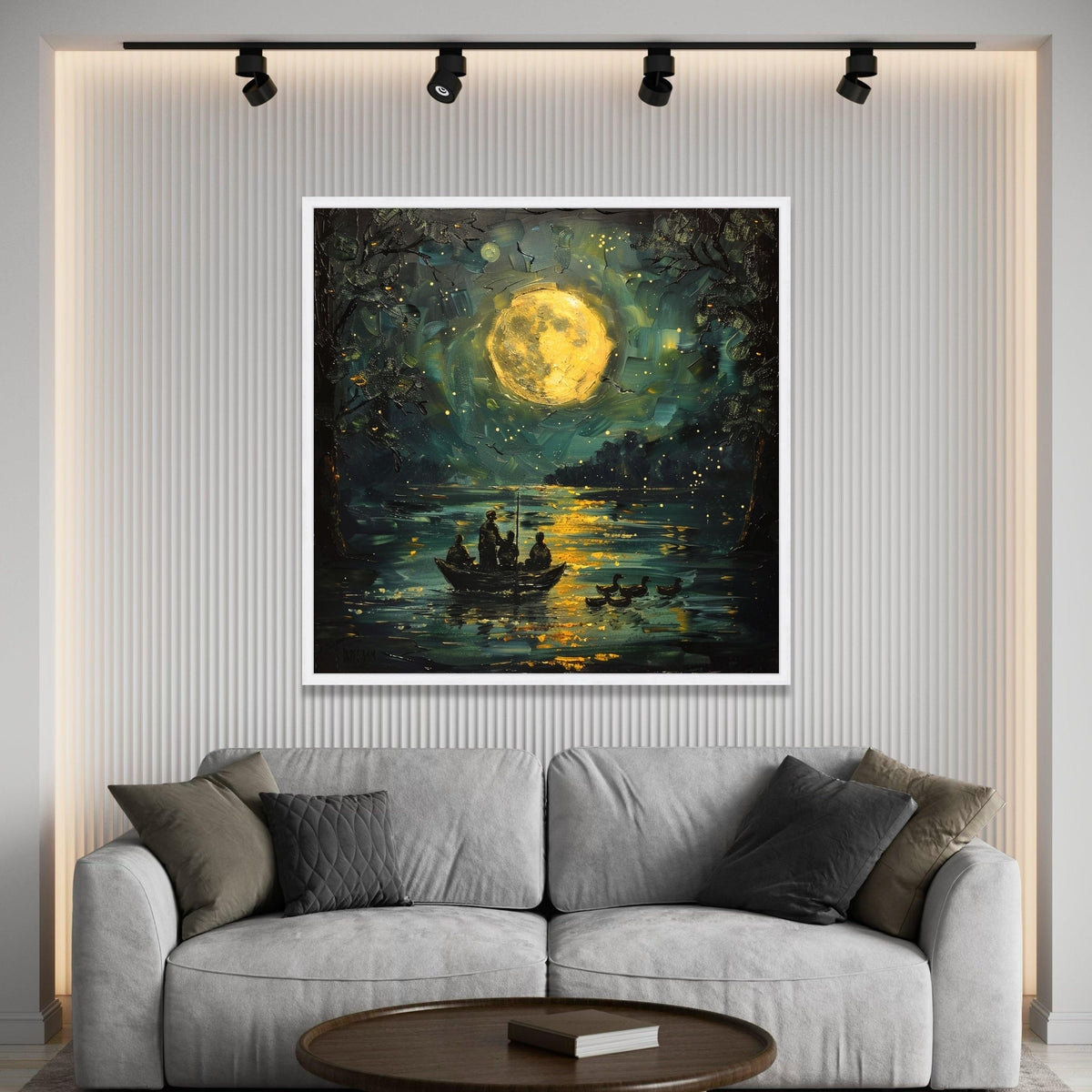 Moonlit Lake Scene Canvas, Nighttime Fishing Boat Art, Full Moon Reflection Wall Decor, Serene Water Landscape Canvas, Luxury Home Decor