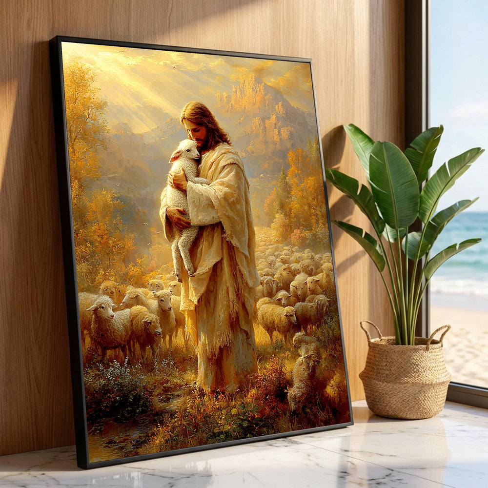 Gentle Shepherd Holding Lamb Canvas, Peaceful Pastoral Scene, Religious Wall Art, Spiritual Home Decoration, Warm Light Luxury Home Decor