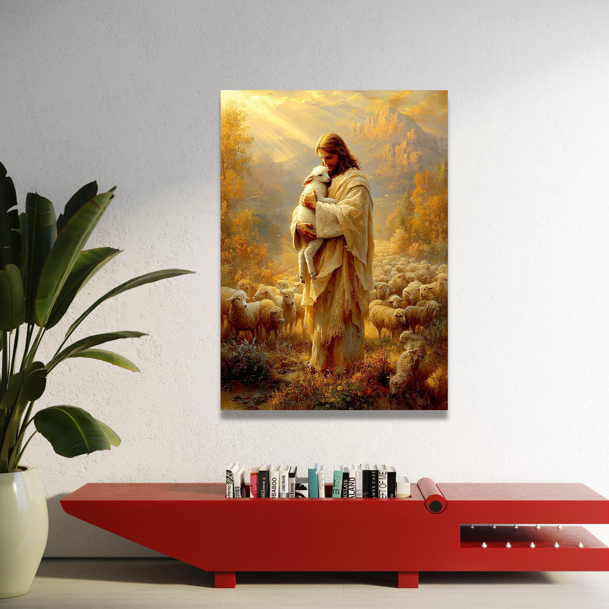 Gentle Shepherd Holding Lamb Canvas, Peaceful Pastoral Scene, Religious Wall Art, Spiritual Home Decoration, Warm Light Luxury Home Decor