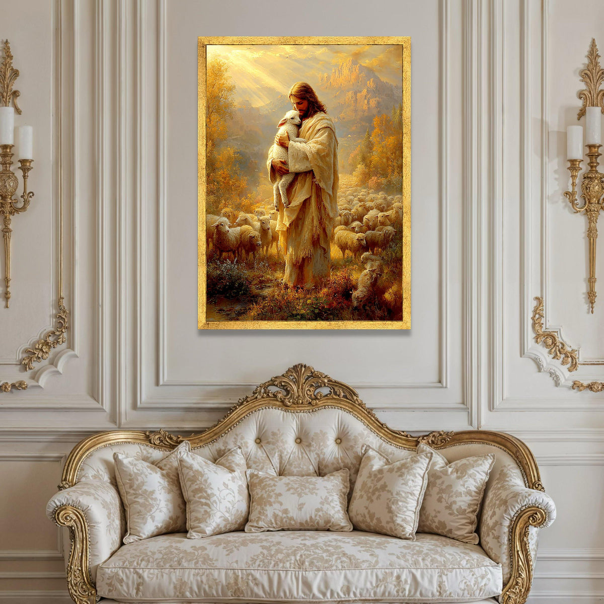 Gentle Shepherd Holding Lamb Canvas, Peaceful Pastoral Scene, Religious Wall Art, Spiritual Home Decoration, Warm Light Luxury Home Decor