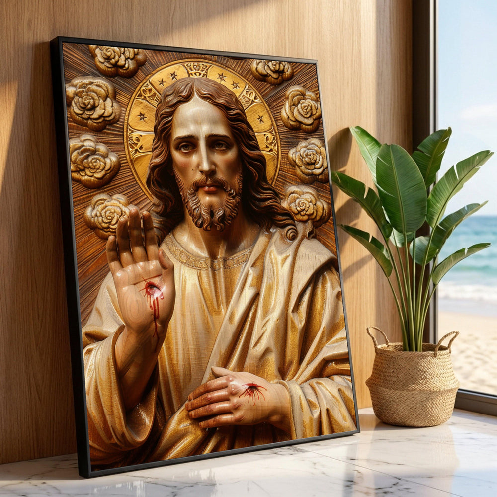 Jesus Christ Sacred Heart Canvas, Religious Wall Art, Christian Devotional Canvas, Spiritual Home Decoration, Halo and Luxury Home Decor