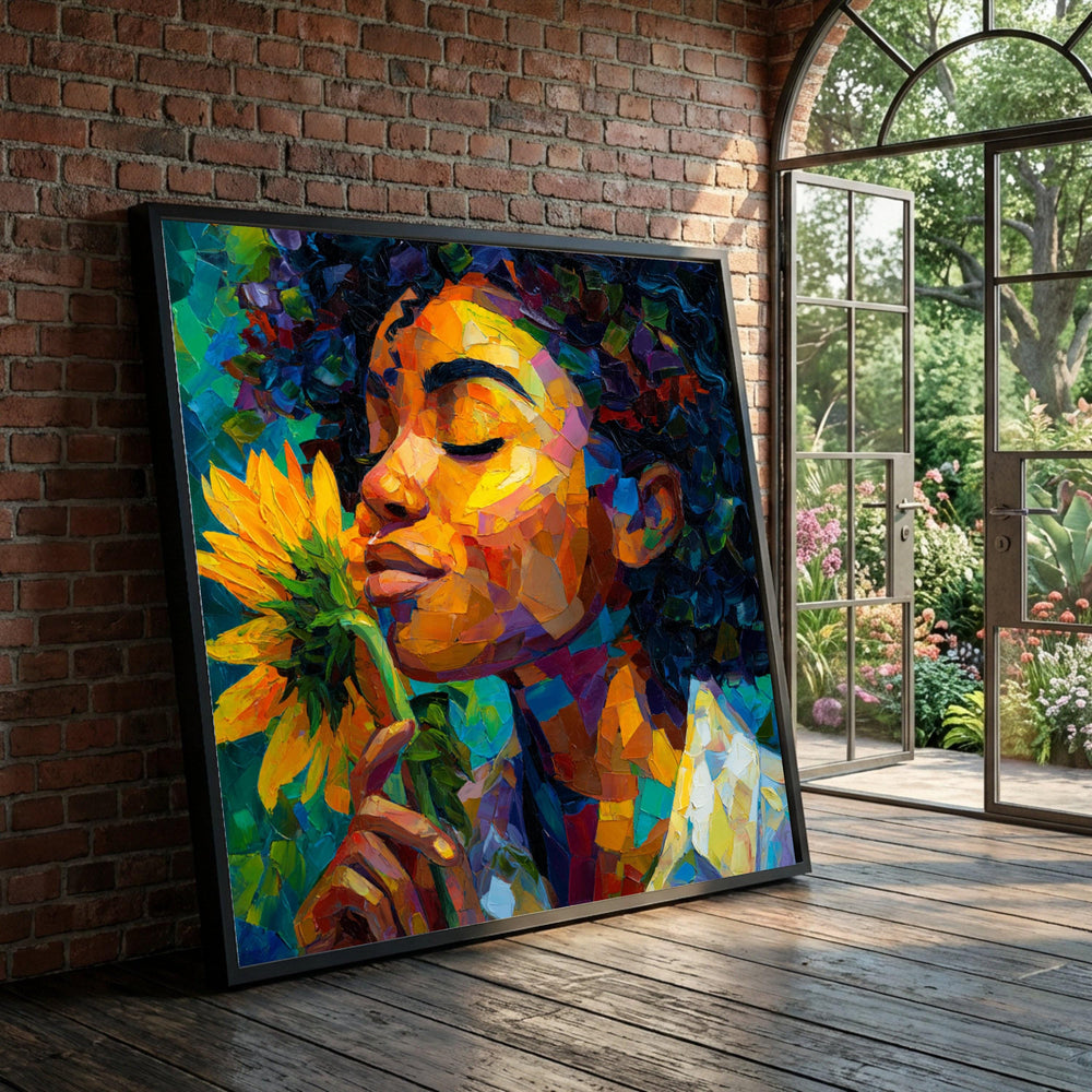 Vibrant Woman with Sunflower Canvas, Colorful Portrait Wall Art, Modern Abstract Face Painting, Floral Home Decoration Luxury Home Decor