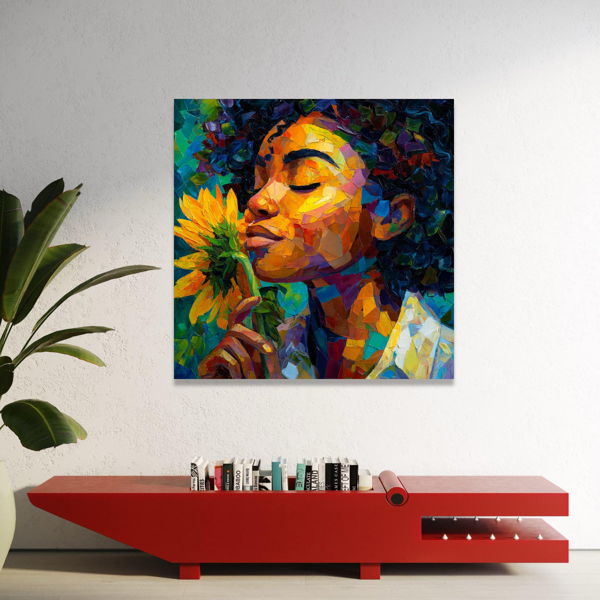 Vibrant Woman with Sunflower Canvas, Colorful Portrait Wall Art, Modern Abstract Face Painting, Floral Home Decoration Luxury Home Decor