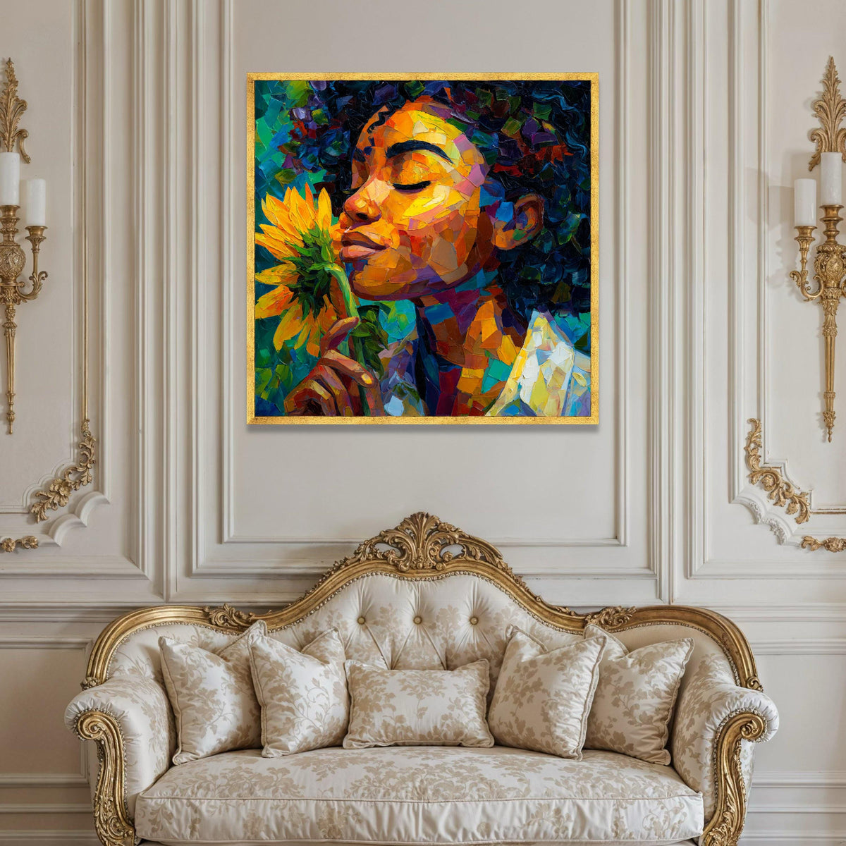 Vibrant Woman with Sunflower Canvas, Colorful Portrait Wall Art, Modern Abstract Face Painting, Floral Home Decoration Luxury Home Decor