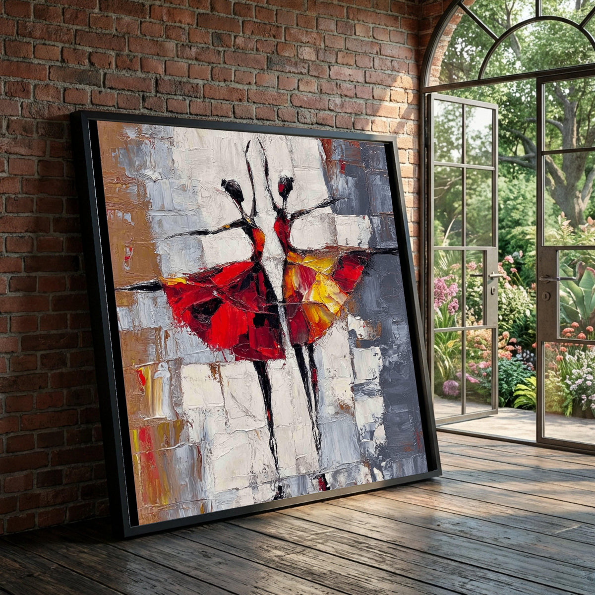 Graceful Ballet Dancers Canvas, Abstract Dance Wall Art, Red and Yellow Skirt Painting, Contemporary Home Decoration, Luxury Home Decor