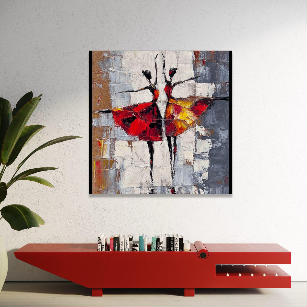 Graceful Ballet Dancers Canvas, Abstract Dance Wall Art, Red and Yellow Skirt Painting, Contemporary Home Decoration, Luxury Home Decor