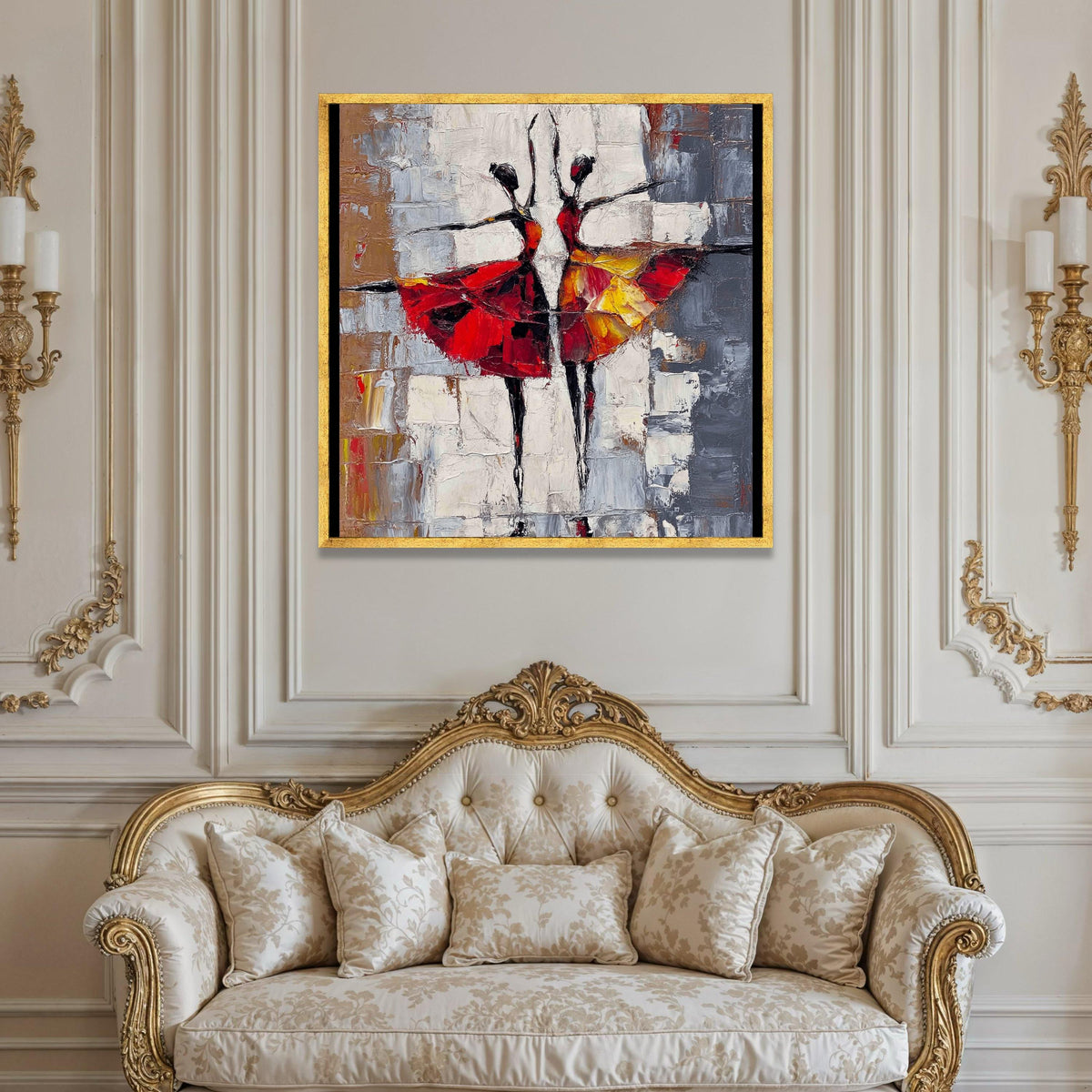 Graceful Ballet Dancers Canvas, Abstract Dance Wall Art, Red and Yellow Skirt Painting, Contemporary Home Decoration, Luxury Home Decor