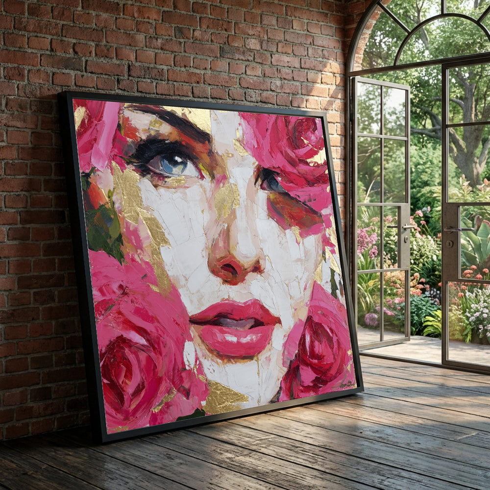 Elegant Female Portrait Canvas, Pink Rose Face Art, Modern Floral Wall Decor, Gold Accent Canvas, Fashion Beauty Wall Art Luxury Home Decor