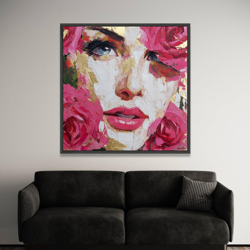 Elegant Female Portrait Canvas, Pink Rose Face Art, Modern Floral Wall Decor, Gold Accent Canvas, Fashion Beauty Wall Art Luxury Home Decor
