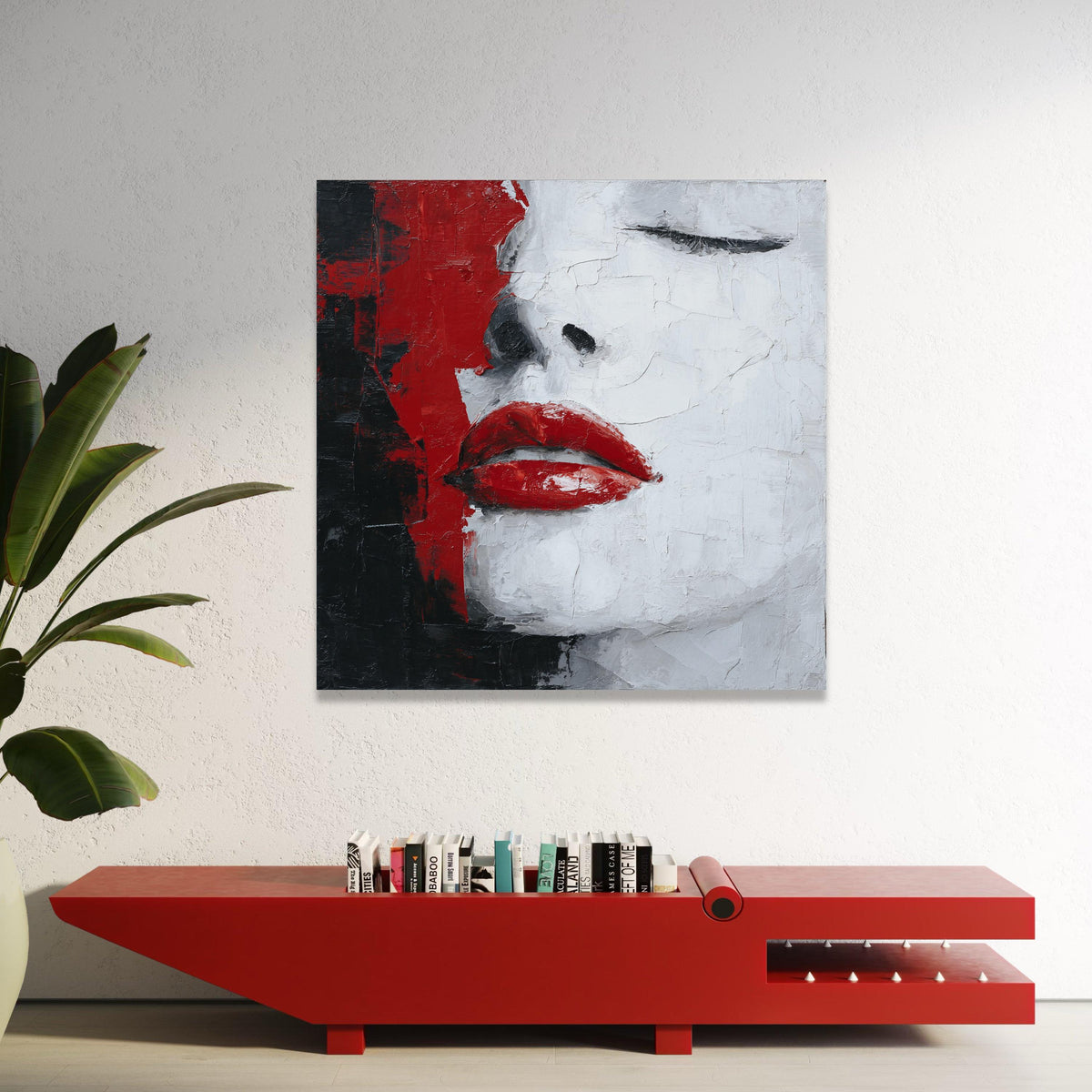 Bold Red Lips Portrait Canvas, Modern Face Art, Abstract Female Profile Wall Art, Monochrome and Crimson Canvas Decoration Luxury Home Decor
