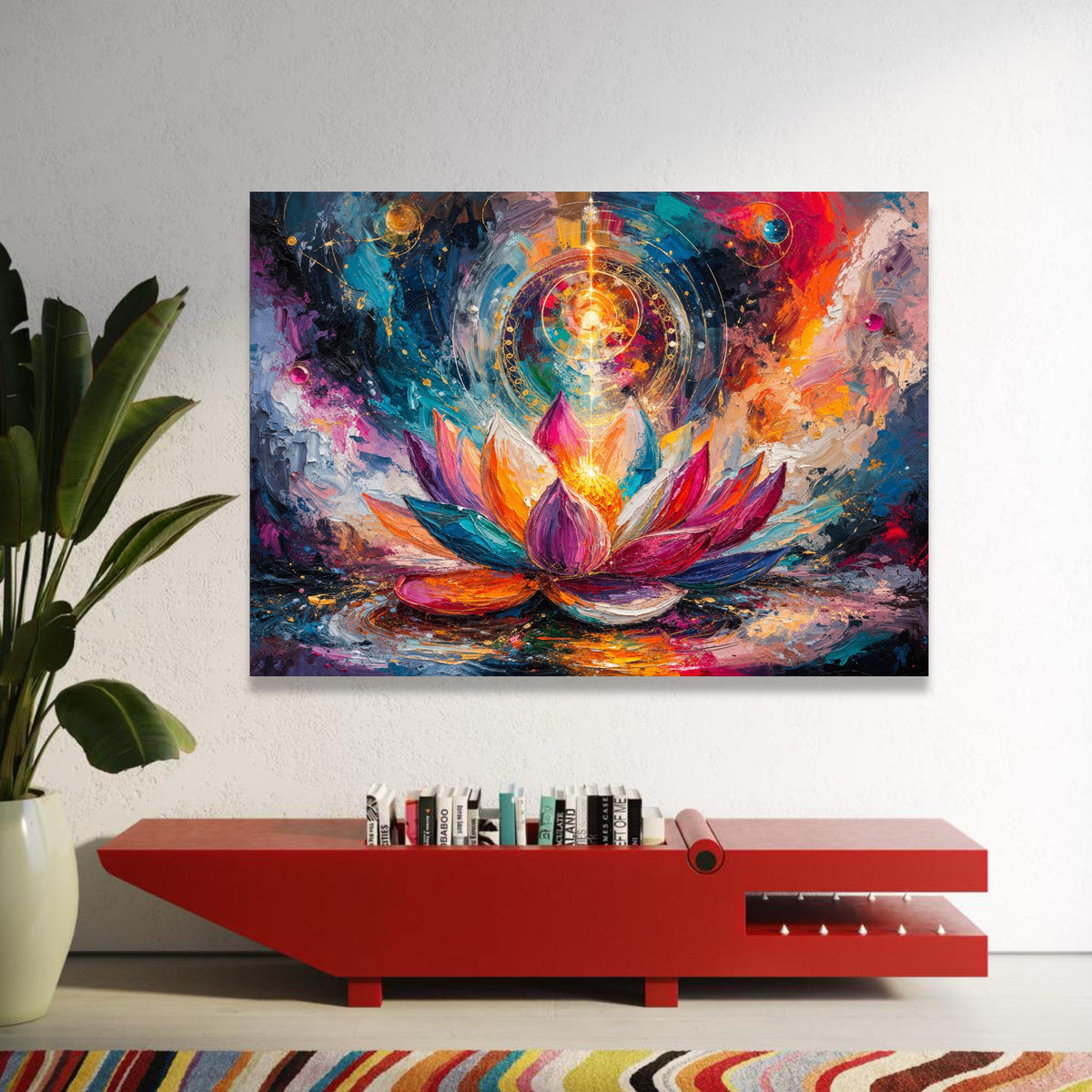 Vibrant Lotus Bloom Canvas, Spiritual Flower Wall Art, Colorful Abstract Floral Painting, Meditation Room Decor, Energy Luxury Home Decor