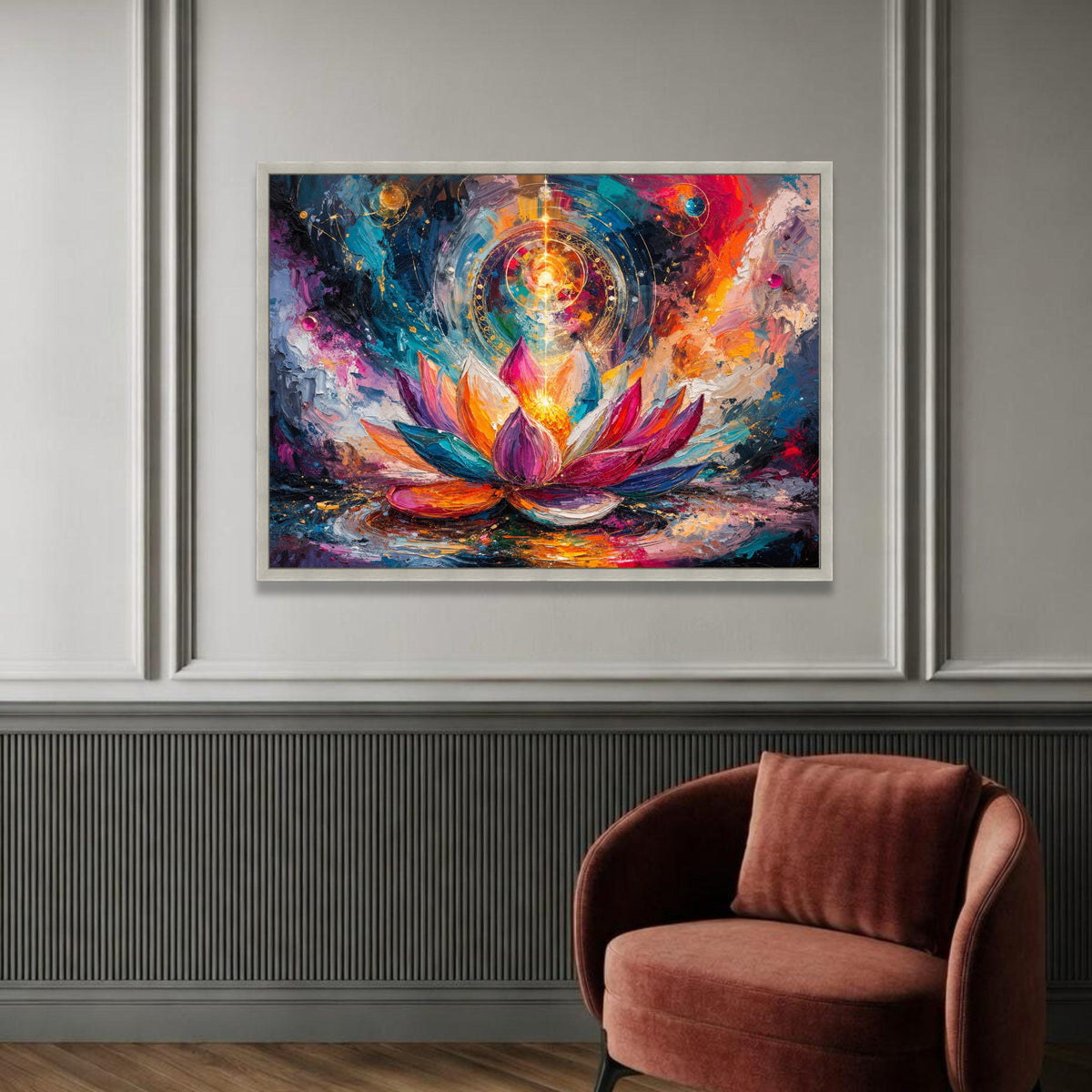 Vibrant Lotus Bloom Canvas, Spiritual Flower Wall Art, Colorful Abstract Floral Painting, Meditation Room Decor, Energy Luxury Home Decor