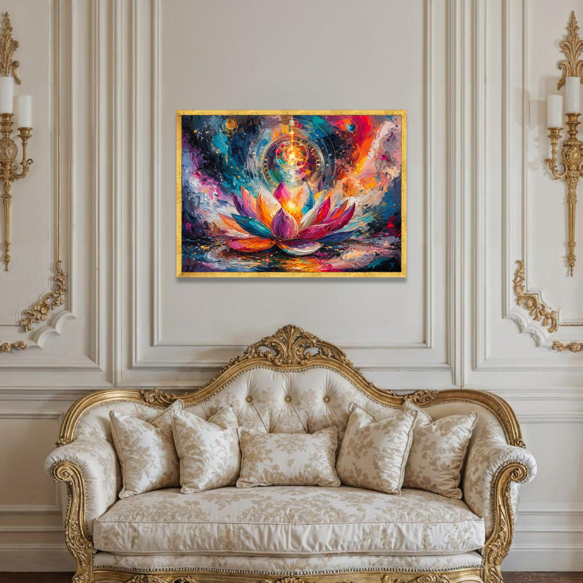 Vibrant Lotus Bloom Canvas, Spiritual Flower Wall Art, Colorful Abstract Floral Painting, Meditation Room Decor, Energy Luxury Home Decor