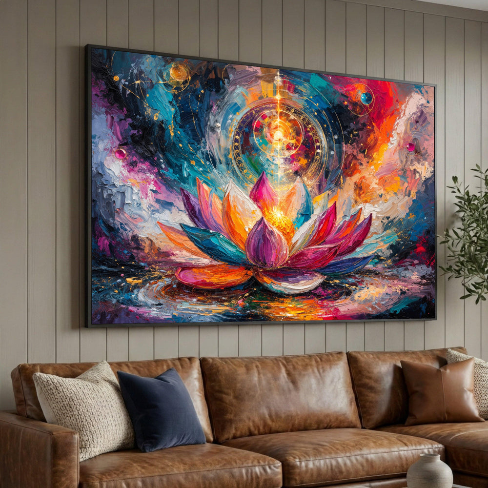 Vibrant Lotus Bloom Canvas, Spiritual Flower Wall Art, Colorful Abstract Floral Painting, Meditation Room Decor, Energy Luxury Home Decor