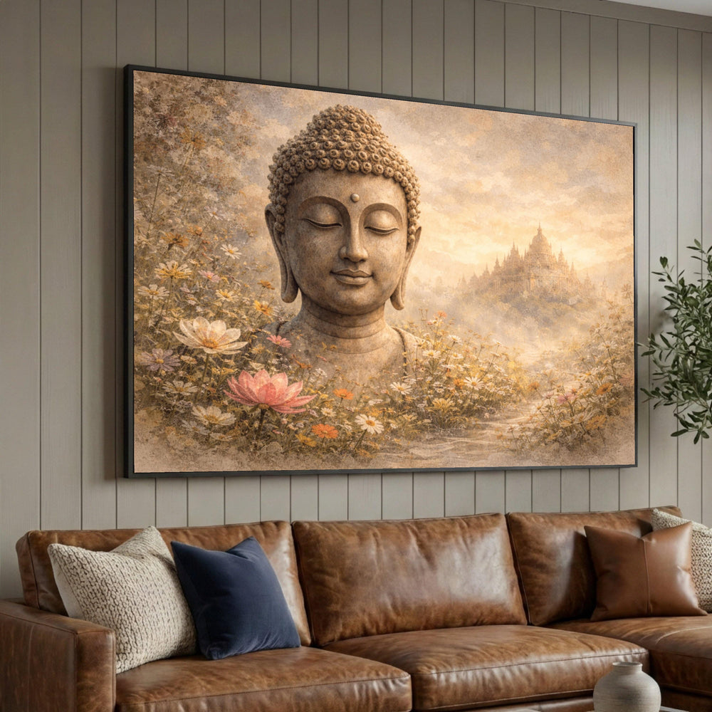 Serene Buddha Head Canvas, Tranquil Floral Garden Wall Art, Asian Meditation Decor, Spiritual Landscape Canvas, Peaceful Luxury Home Decor